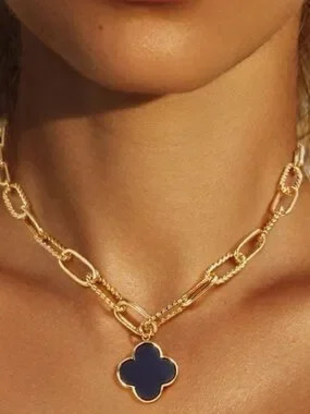 Gold Dipped Black Quatrefoil Clover Pendant Necklace (5586)
